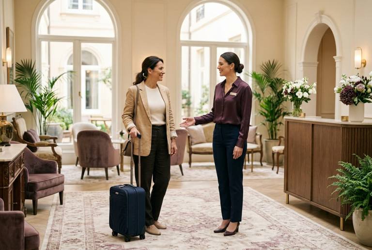 A patient coordinator welcoming a patient in a hotel lobby