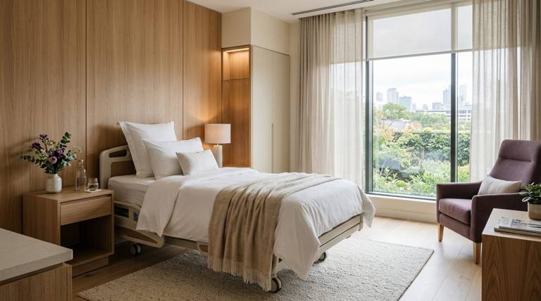 A calm, modern private hospital room with large windows