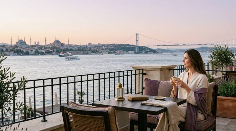 The Bosphorus in Istanbul at dawn seen from a hotel terrace